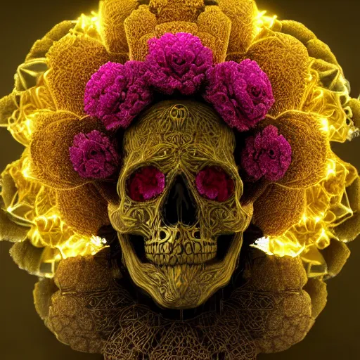 Image similar to a golden skull face african electric shaman with an afro made of flowers, third eye art art by machina infinitum, complexity from simplicity, rendered in octane, mandelbulb 3 d, ambient occlusion, macro photography