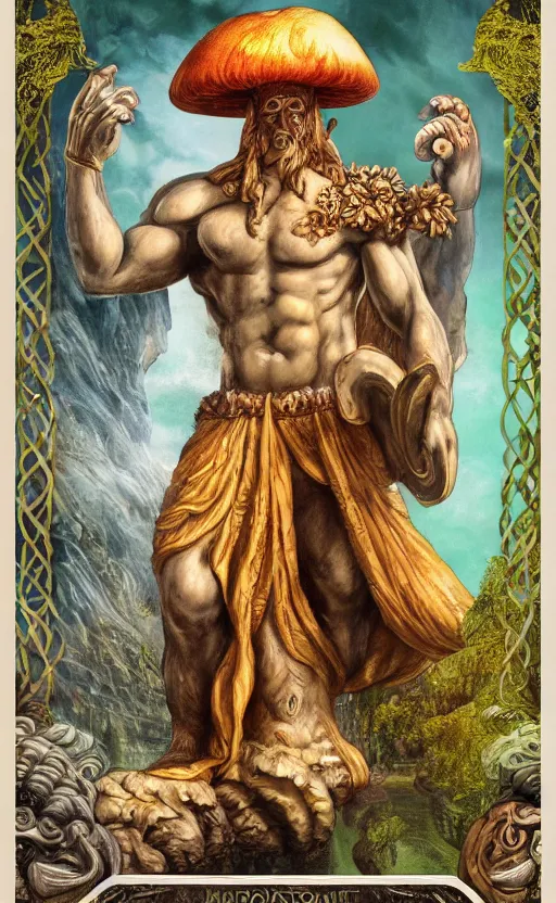 Image similar to a masterpiece hyperdetailed dnd tarot card, magnificent shrigma the mushroom deity as depicted in a colossal greek marble statue ( with godlike bodybuilder physique ), hd tarot card depicting monumental statue of a mushroom god with cute large mushroom hat, hdr, 8 k, artstationhq, digital art