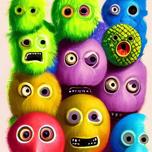 Image similar to an army of tennis ball monsters, colorful, digital art, fantasy, magic, chalk, trending on artstation, ultra detailed, professional illustration by basil gogos