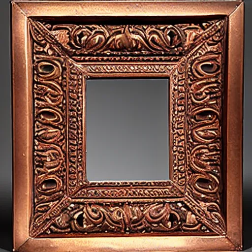 Image similar to a copper picture frame designed by Louis sullivan, patina, weathered, ornate