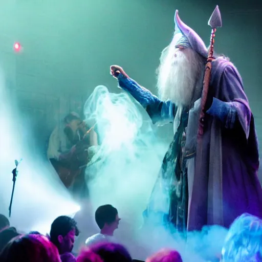 Image similar to gandalf playing in a funk band, fog machine, colored spotlights