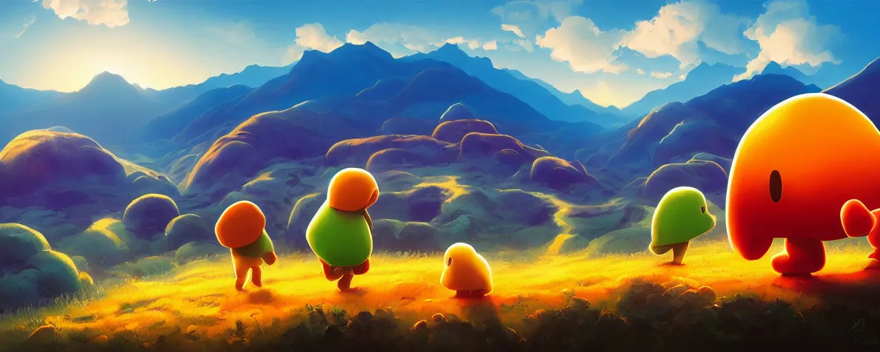 Image similar to detailed round pacman, with ghosts, in a beautiful nature landscape with clouds, mountains, in background, sunset, by rhads, pacman, detailed, coherent