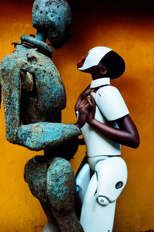 Image similar to a spectacular wideangle detailed closeup colorchrome portrait photo, of a white robot kissing a african woman, beautiful low light , style Steve McCurry