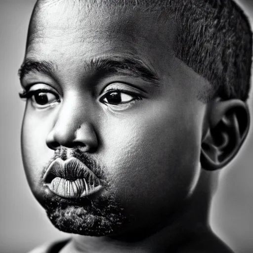 Prompt: the face of kanye west at 6 years old, portrait by julia cameron, chiaroscuro lighting, shallow depth of field, 8 0 mm, f 1. 8