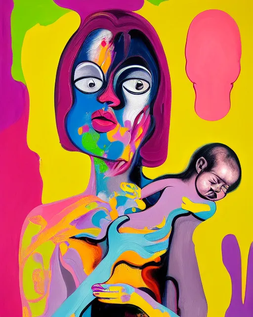 Image similar to woman holding a baby, an ultrafine detailed painting by peter max and francis bacon and fiona rae and maryam hashemi and hernan bas and anna mond and max gubler, featured on deviantart, metaphysical painting, neo expressionism, pop surrealism, melting paint, biomorphic, mixed media, photorealistic, dripping paint, palette knife texture, masterpiece