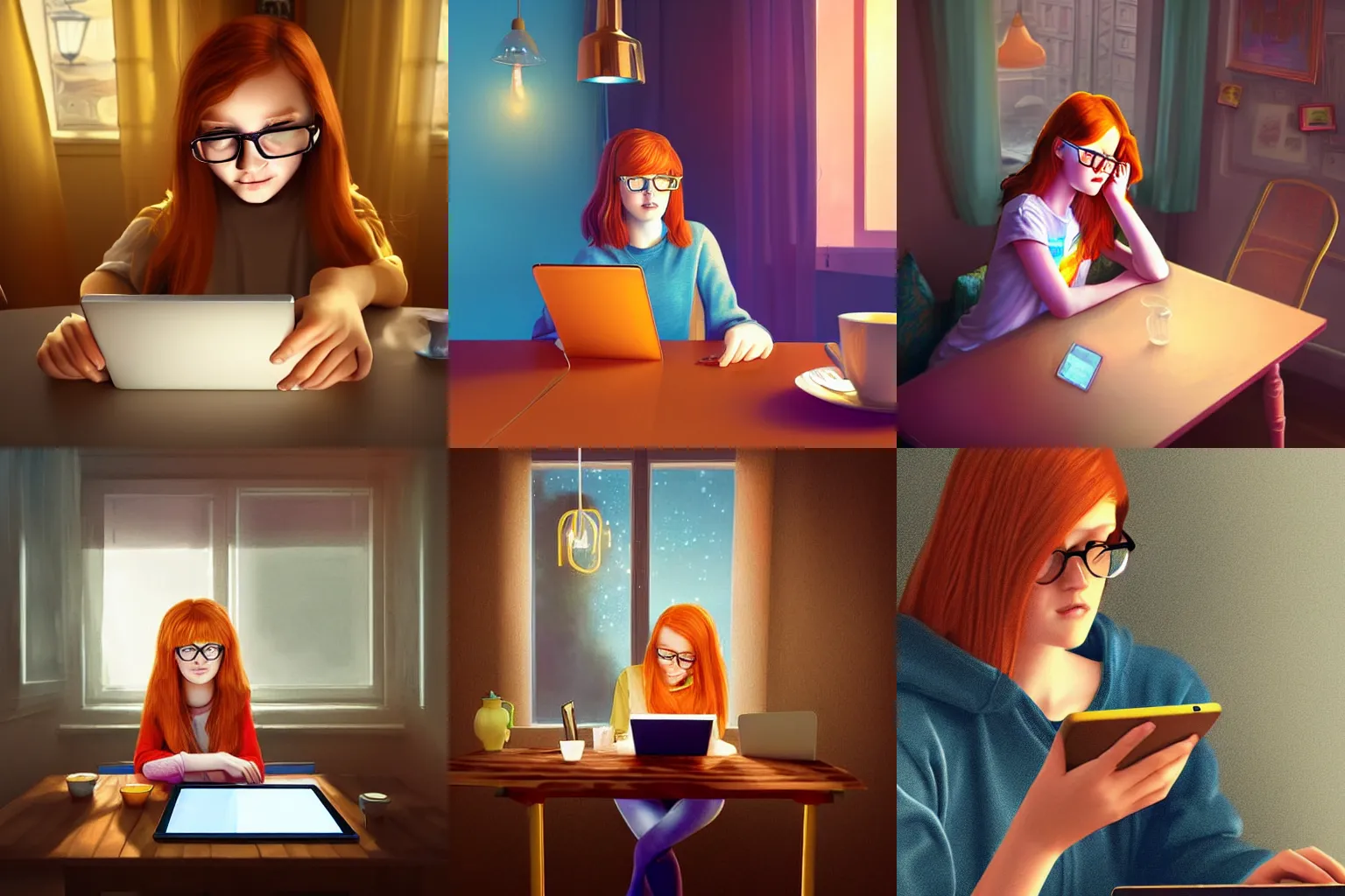 Prompt: a digital art of a ginger teen girl in golden thin glasses who experiences her new e - ink tablet sitting behind a table in her flat in prague, digital art, vibrant colors, artstation, fantasy, unreal engine, very detailed face, perfect, volumetric lighting, soft lighting