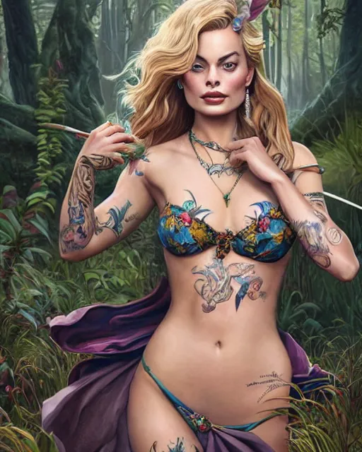 Prompt: Margot robbie as a beautiful tattooed female maid wearing a magical bikini in a magical forest, highly detailed face, realistic face, beautiful detailed eyes, piercing gaze, fantasy art, in the style of artgerm, illustration, epic, fantasy, intricate, hyper detailed, artstation, concept art, smooth, sharp focus, ray tracing, vibrant, photorealistic