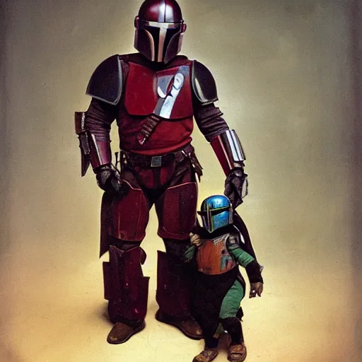 Image similar to renaissance oil painting of the mandalorian and baby grogu, renaissance oil painting, sharp focus, high contrast studio lighting