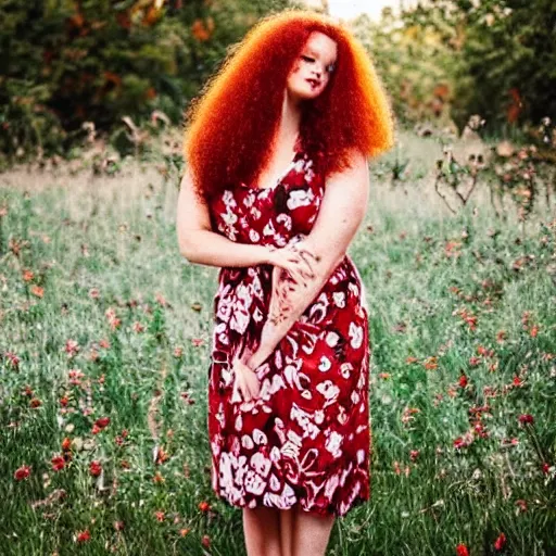 Prompt: DSLR photography of a gorgeous red haired woman with big curly hair and freckles, curvy figure wearing dress with flower print, trending on instagram