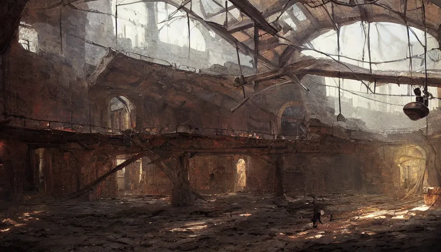 Prompt: a beautiful painting of of an old abandoned 1 9 th century mine with exposed beams, pickaxes and a helmet with a broken light, warm colors by greg rutkowski and kalin popov, trending on artstation, masterpiece,