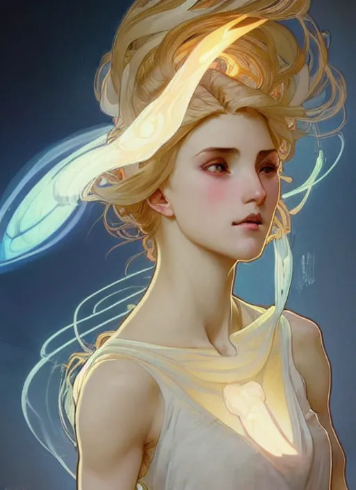 Image similar to digital character concept art by artgerm and greg rutkowski and alphonse mucha. clear portrait of a modern young wife blessed by god to uncontrollably become overwhelmingly perfect!! blonde, clothed! obviously feminine holy body!! light effect. hyper detailed, glowing lights!! intricate, elegant, digital painting, artstation, smooth, sharp focus