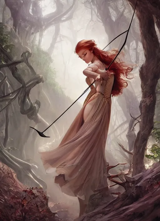 Image similar to A beautiful digital painting of a lovely princess in the mirkwood forrest holding a bow and arrow looking at the camera by Stanley Artgerm Lau, frank frazetta, Rossdraws, James Jean, gerald brom, Andrei Riabovitchev, Marc Simonetti, and Sakimichan, trending on artstation