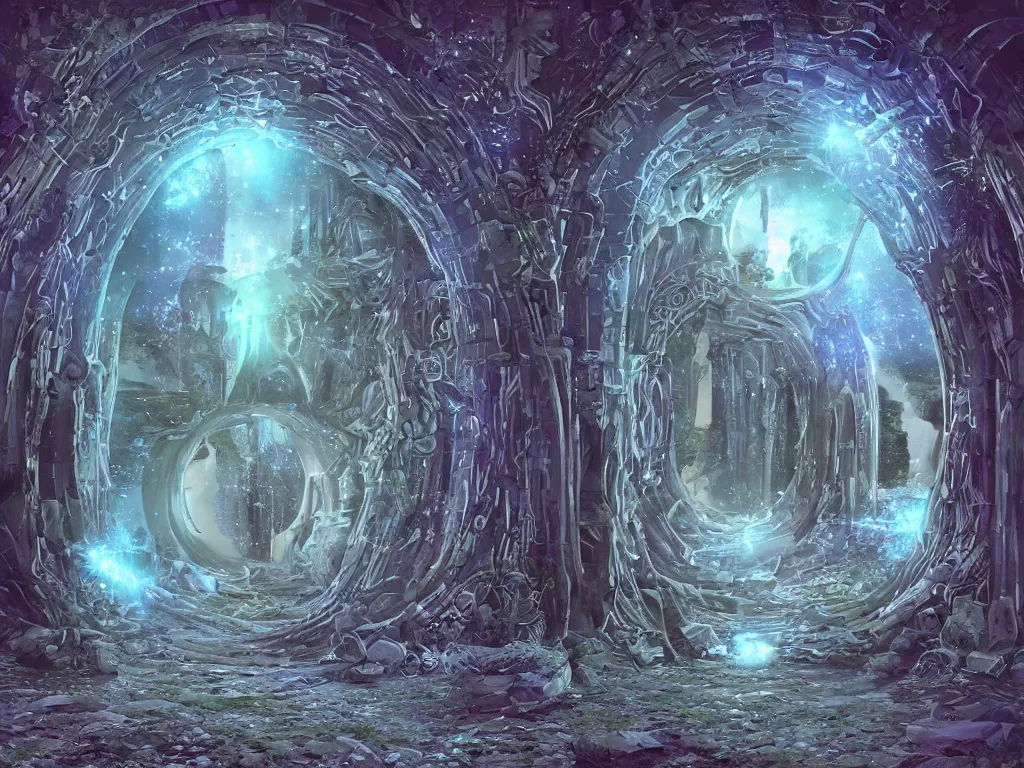 Image similar to mystic entrance with hundreds of portals to other worlds and dimensions