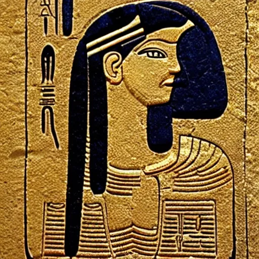 Prompt: hieroglyphs depicting cleopatra using a mobile phone