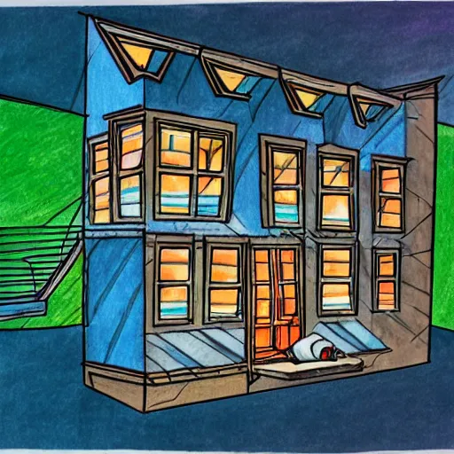 Image similar to a drawing of a house with a lot of windows, illustration by dr seuss, behance contest winner, hypermodernism, photoillustration, 1 9 9 0 s, concept art