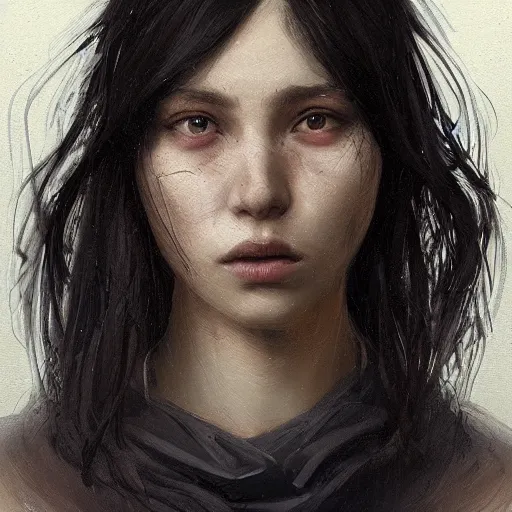 Image similar to portrait of a young woman by greg rutkowski, she is about 2 0 years old, mixture between russian and japanese, pretty, black bob hair with two strands around her face, very tall and slim, wearing a oversized jumper jumpsuit, highly detailed portrait, digital painting, artstation, concept art, smooth, sharp foccus ilustration, artstation hq