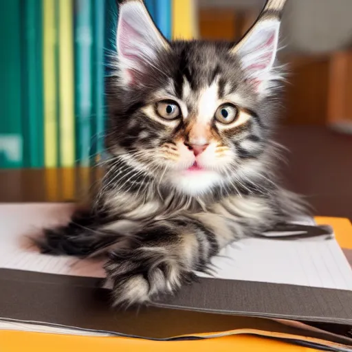 Prompt: a super cute maine coon kitten ate my homework and got smart, hilarious, funny, back to school comedy, digital art, 3 d, ue 5, 8 k, 4 k, hdr, cinematic movie still.