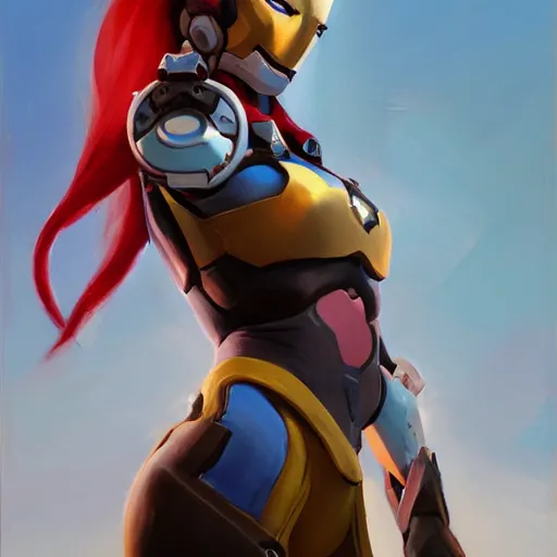 Image similar to greg manchess portrait painting of a female ironman as overwatch character, medium shot, asymmetrical, profile picture, organic painting, sunny day, matte painting, bold shapes, hard edges, street art, trending on artstation, by huang guangjian, gil elvgren, ruan jia, greg rutkowski, gaston bussiere