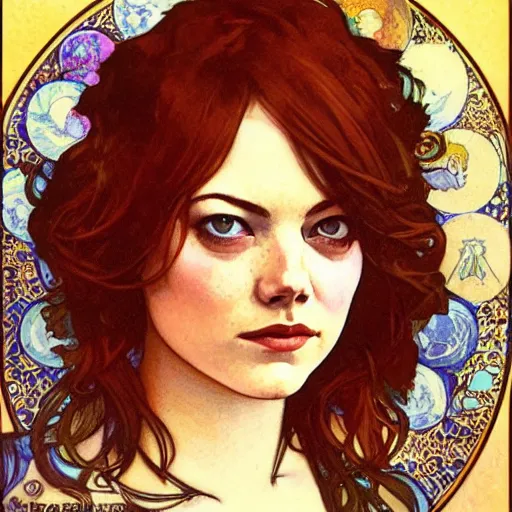 Image similar to emma stone portrait by louis - theophile hingre and alphonse mucha, hyperrealistic, sharp focus, zodiac signs, tarot cards, planets, ethereal, art nouveau, magic, moon, sun, crown, dreamy