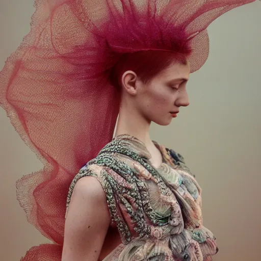 Image similar to Fashion photography of a woman wearing a dress inspired by a jellyfish, artistic photography, insanely detailed, chiaroscuro, cinestill 800t, Vogue magazine