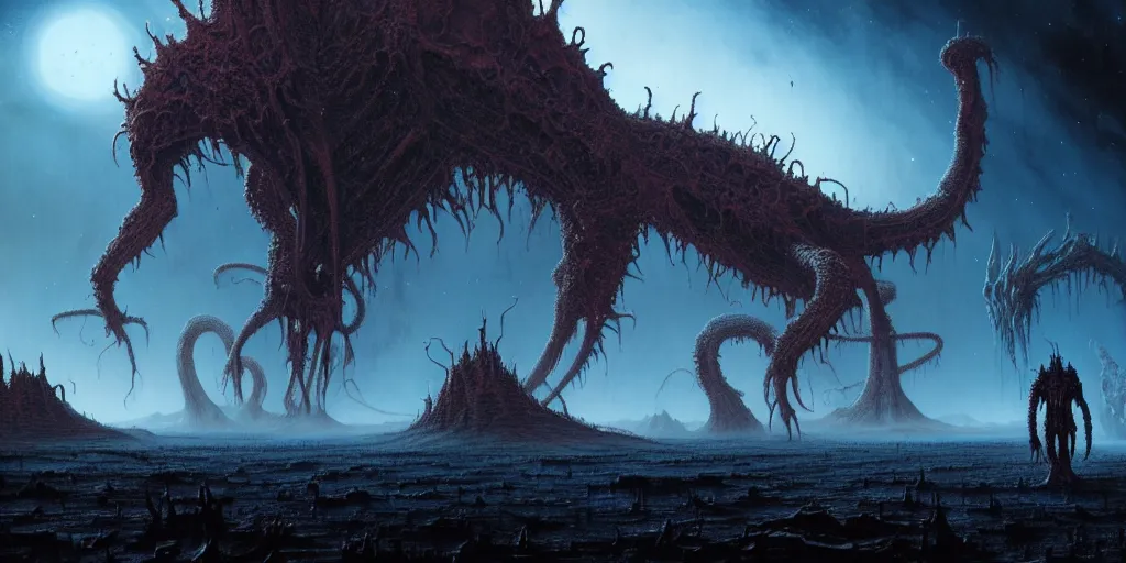 Image similar to stunning monstrous cosmic horror great old ones with space in the background!! lovecraftian horror, dead space horror!! cinematic lighting, muted colours, digital art, winning award masterpiece, fantastically beautiful, aesthetically inspired by wayne barlowe and gerald brom, trending on artstation, art by greg rutkowski, octane render, unreal engine, 8 k