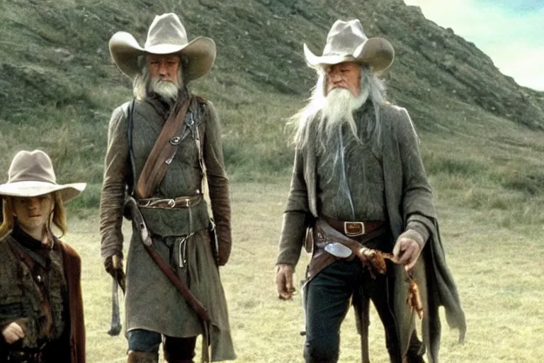 Image similar to Cowboy Gandalf wearing Stetson hat and leather trousers. Movie still from lord of the rings the fellowship of the ring.