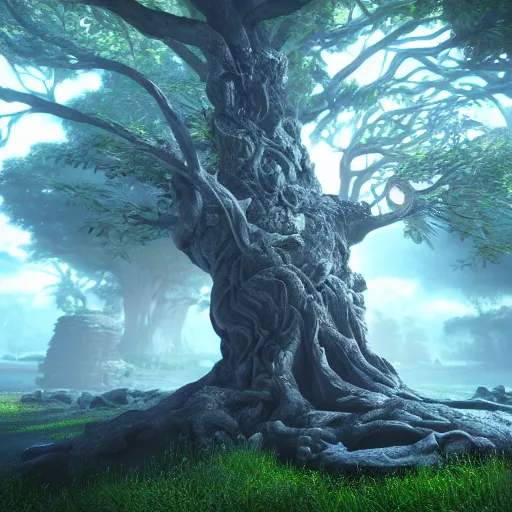 Image similar to The tree of the knowledge of good and evil, photorealistic, fantasy, unreal engine, colorful, cinematic