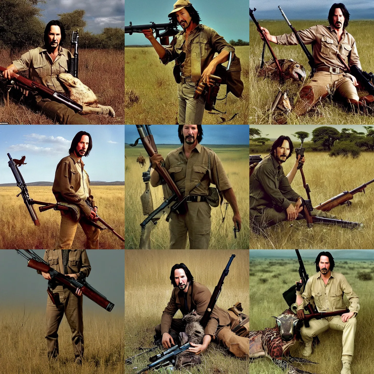 Prompt: Very Realistic photograph Keanu Reeves, dressed in safari outfit, posing with a hunting rifle over a dead gryphon, in the Savanna plains at 1:00 pm