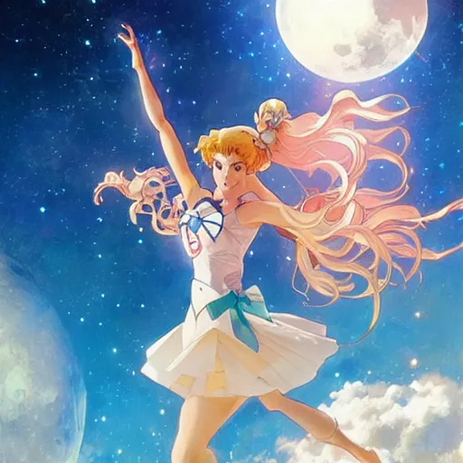 Image similar to Sailor Moon jumping accross the Moon, nature unity, planets align, clear sky high detail, upscale, art by artgerm and greg rutkowski and alphonse mucha