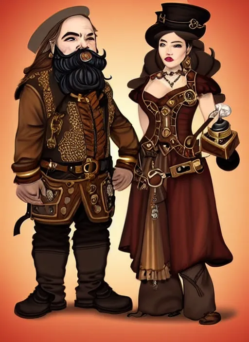 Prompt: Steampunk dwarf with a beard female glamor bard speaker of a small town and fashionable female in high-end Oscar de la Renta