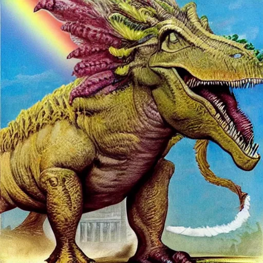 Image similar to donald trump as a rampaging tyrannasaurus rex with a rainbow feathered frill, realistic hyper detailed by frank frazetta