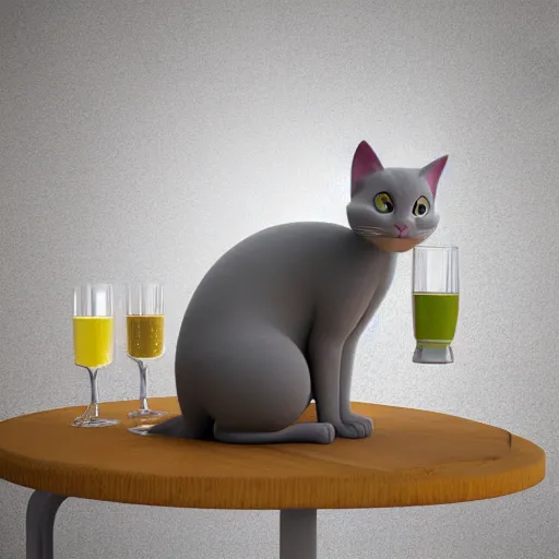 Prompt: cute gray cat as a liquid in a fantasy potion bottle on a rustic tabletop, pixar, 3 d render, blurred background