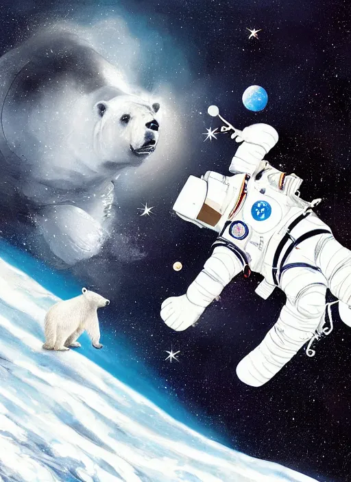 Prompt: a polar bear astronaut with a beautiful woman, by wu daozi, qiu ying