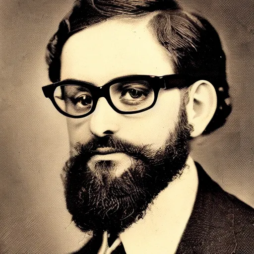 Prompt: A vintage portrait of an attractive three-eyed bearded brown-haired man wearing glasses