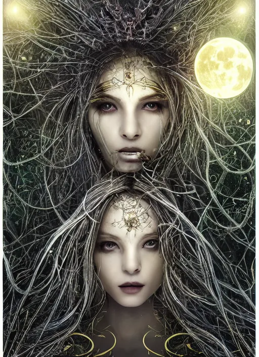 Image similar to glowing silver and golden elements, full close-up portrait, A beautiful dark witch in front of the full big moon, book cover, green forest, red white black colors, establishing shot, extremly high detail, foto realistic, cinematic lighting, pen and ink, intricate line drawings, by Yoshitaka Amano, Ruan Jia, Kentaro Miura, Artgerm, post processed, concept art, artstation, matte painting, style by eddie, raphael lacoste, alex ross