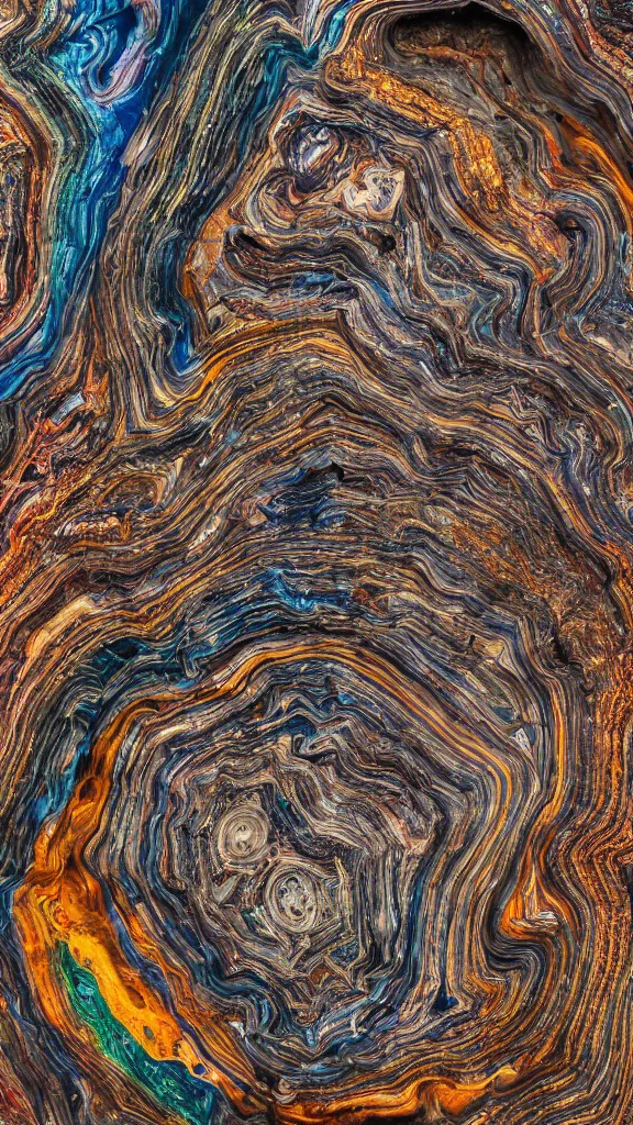 Prompt: ultra realistic macro photography of the giant psychedelic magical machine embedded within the mountain, colourful sedimentary and igneous rock and marble, industrial machinery, pistons, pipes and valves, super conducters, circuitry. 8k geology photographic cross section