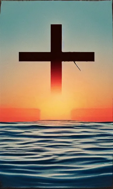 Image similar to upside - down cross rising out of a calm and serene!! ocean, album cover, relaxing tones, muted tones, expressionist, minimalist,