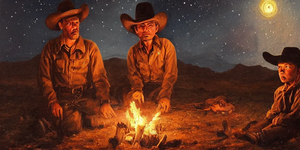 Prompt: in the old west, at a campfire at night, close up portrait of a rugged bandit ( alone ) watches a young boy ( ( alone ) ) watches the stars and his horse grazes, in the style of fredrick remington, oil painting, warm color palate, astral
