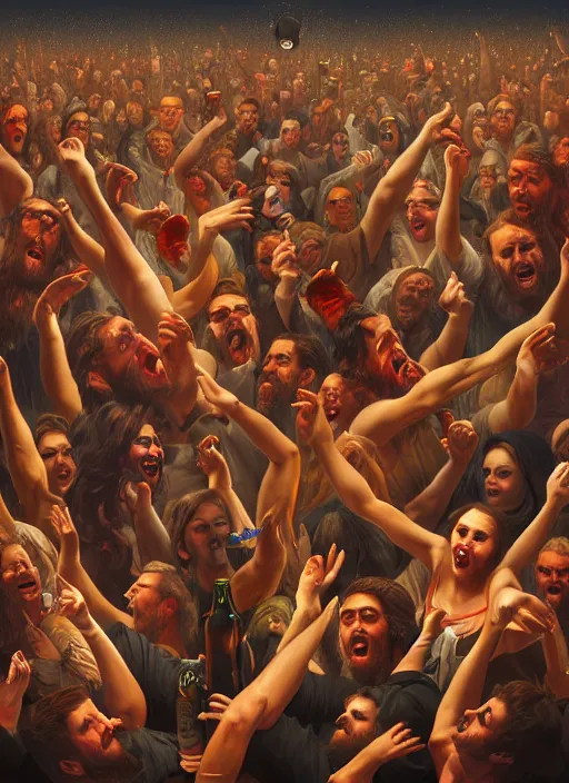 Image similar to image of group of people very drunk dancing chaotic and giant like slowmotion nuclear exploding beer bottle in the middle, beer bottles flying in the air, dark backround, highly detailed, digital illustration, trending in artstation, modern painting, smooth, sharp focus, intricate, einar jonsson and bouguereau