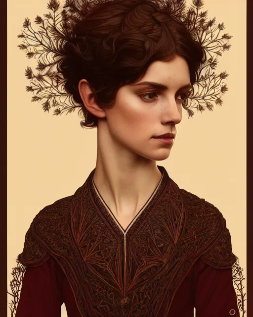 Image similar to symmetry portrait of welsh brunette student in mans tunic, embroidery, tomboy, short hair, intricate forest background, intricate, elegant, highly detailed, digital painting, artstation, concept art, smooth, sharp focus, illustration, art by artgerm and greg rutkowski and fra angelico and alphons mucha