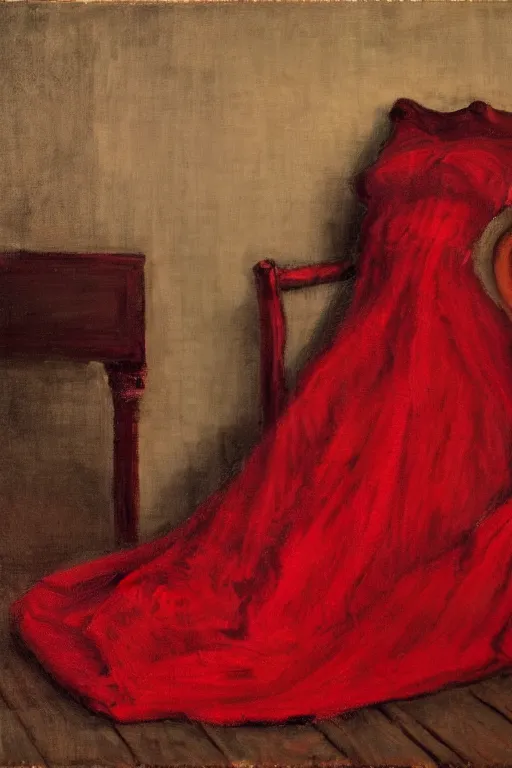 Image similar to an empty red dress laid across a chair in a dark victorian era room. in the style of american impressionism painting.