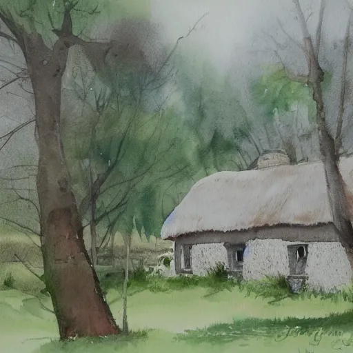 Image similar to a peaceful scene with old thatched cottage nestling amongst the trees, watercolor, wide angle