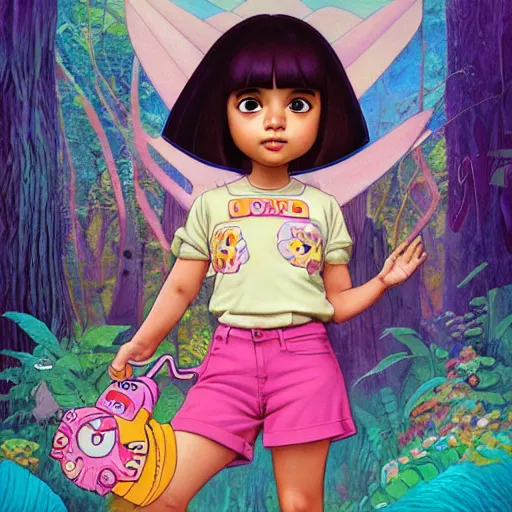 Prompt: dora the explorer as real girl in happy pose, detailed, intricate complex background, Pop Surrealism lowbrow art style, muted pastel colors, soft lighting, by Yosuke Ueno and Mucha,Contemporary Art Blog Magazine Alt Pop Surrealism Lowbrow Photography Sculpture Illustration Painting Surreal Fashion, artstation cgsociety