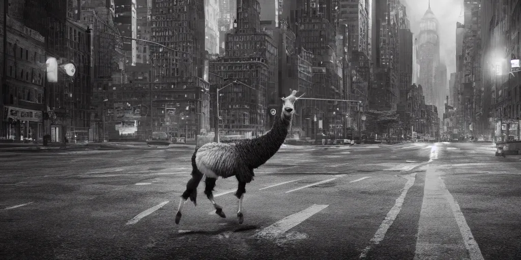 Image similar to a llama walking through a desolate manhattan city street at night, statue of liberty seen in the background, realistic 4 k octane beautifully detailed render, 4 k post - processing, highly detailed, detailed face, intricate complexity, epic composition, magical atmosphere, cinematic lighting, masterpiece, color picture, ultra hd