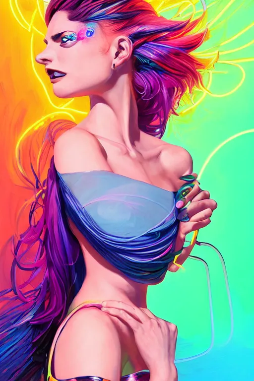 Image similar to a award winning half body portrait of a beautiful woman with stunning eyes in a off shoulder croptop and cargo pants with rainbow colored hair, outlined by whirling illuminated neon lines and fine lines swirling in circles by jesper ejsing and rhads and makoto and shinkai and lois van baarle, digital art, trending on artstation