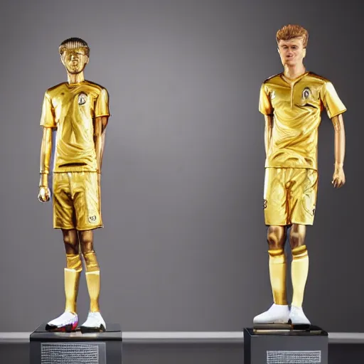 Image similar to a realistic detailed photo of a guy who is an attractive humanoid who is half robot and half humanoid, who is a male android, soccer players martin ødegaard & timo werner, shiny skin, posing like a statue, blank stare, in a museum, on display, showing off his muscles, gold soccer shorts, no jersey, ground view, ceramic statue