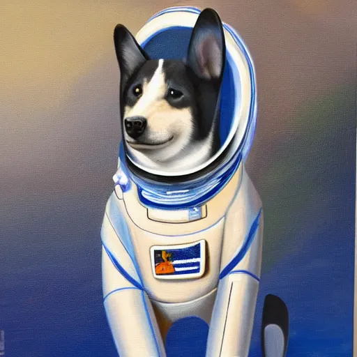 Image similar to oil painting of a shina inu in an astronaut suit