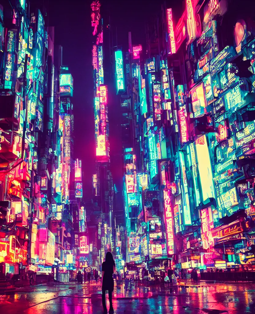 Image similar to cyberpunk city at night, night clubs and neons, rain, camera high, girl under lantern