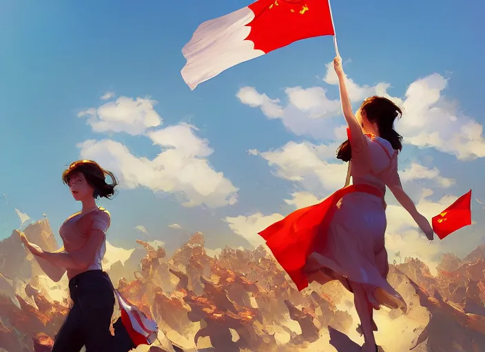 Image similar to gorgeous girl waving a China flag over her head running with Mandelbrot fractal enthusiastic crowd by Craig Mullins, ilya kuvshinov, krenz cushart, artgerm trending on artstation by Edward Hopper and Dan Mumford and WLOP and Rutkovsky, Unreal Engine 5, Lumen, Nanite