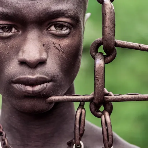 Image similar to a slave with chains looking to the camera.